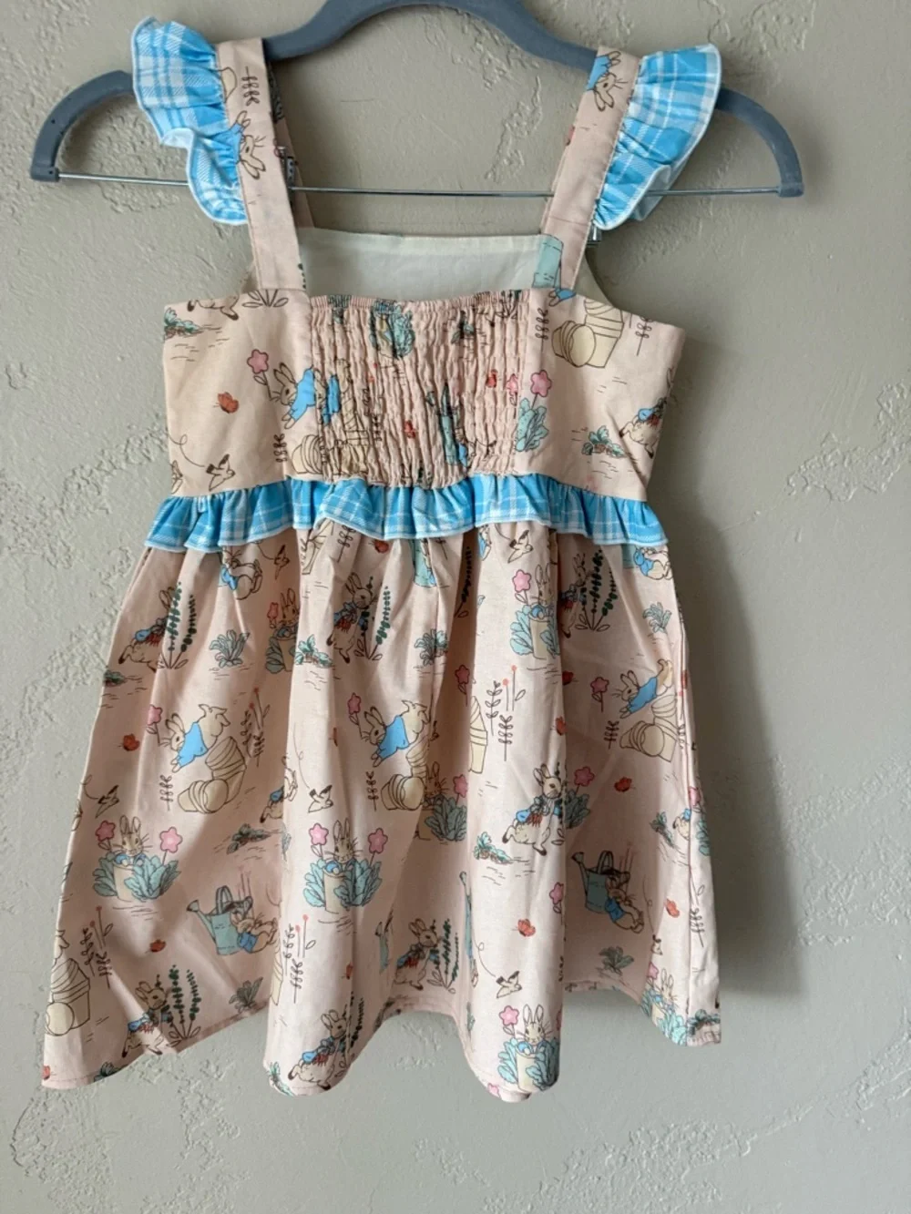 Peter Rabbit Girls Pink Flower Bunny Sundress with Blue Gingham Trim Spring 5